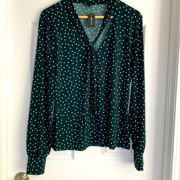 CLEARANCE!! RW & Co hunter green polka dot blouse - Picture 1 of 9
